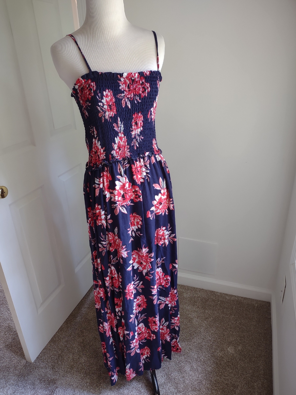 Navy Floral Smocked Maxi Dress with Pink Blooms